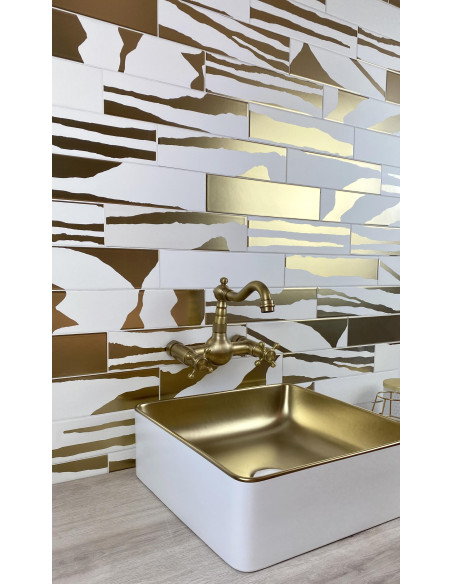 Carreau faience FLAT SAVANNAH WHITE & GOLD - 7.5x30cm